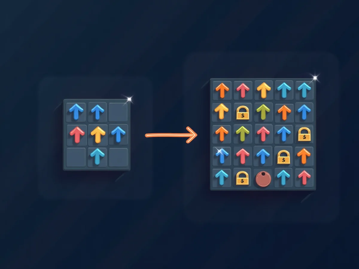 Illustration of puzzle difficulty increasing from a simple 5x5 grid to a dense 7x7 grid
