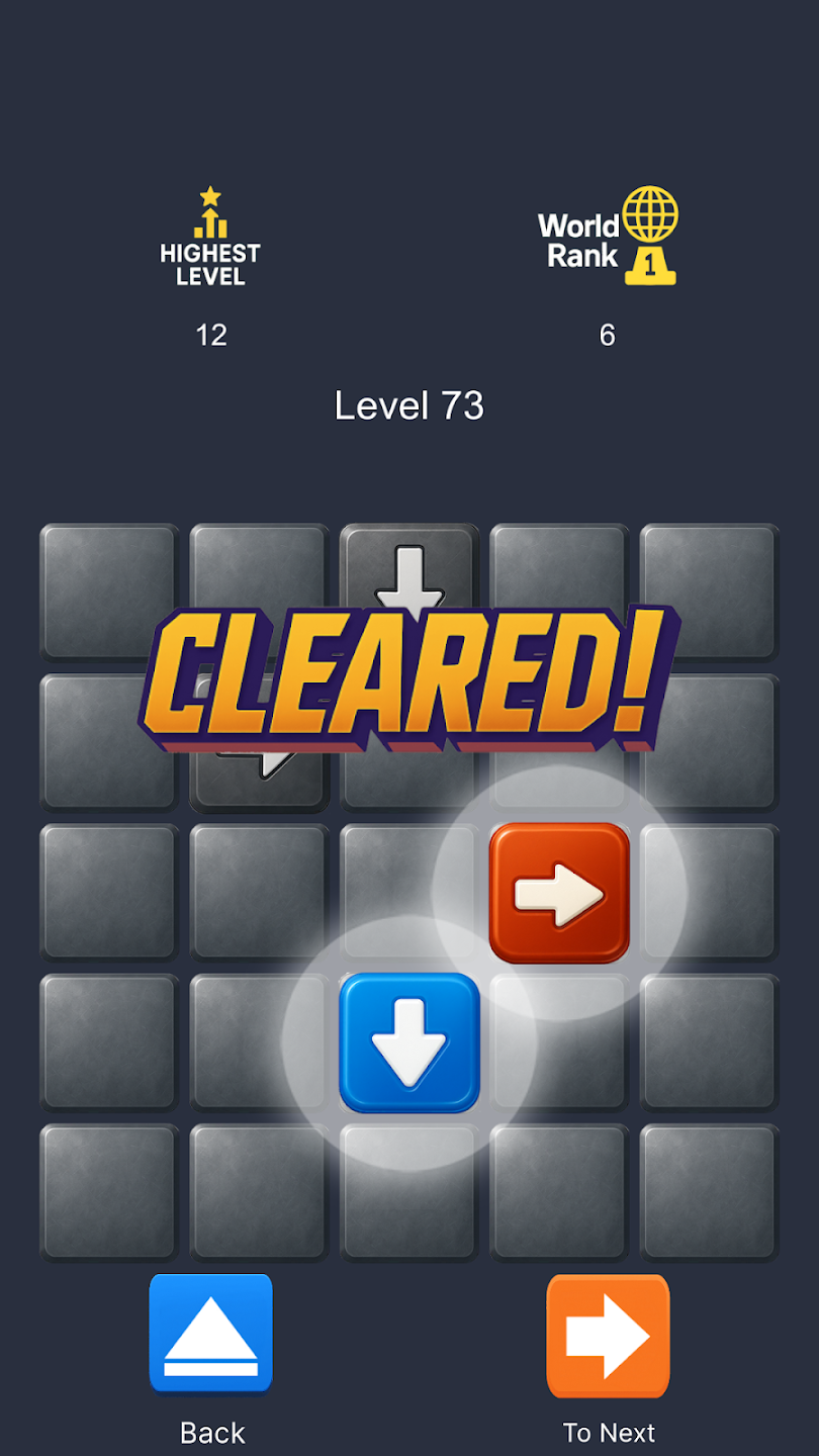 Push! Push Puzzle level cleared screen showing highest level and world rank