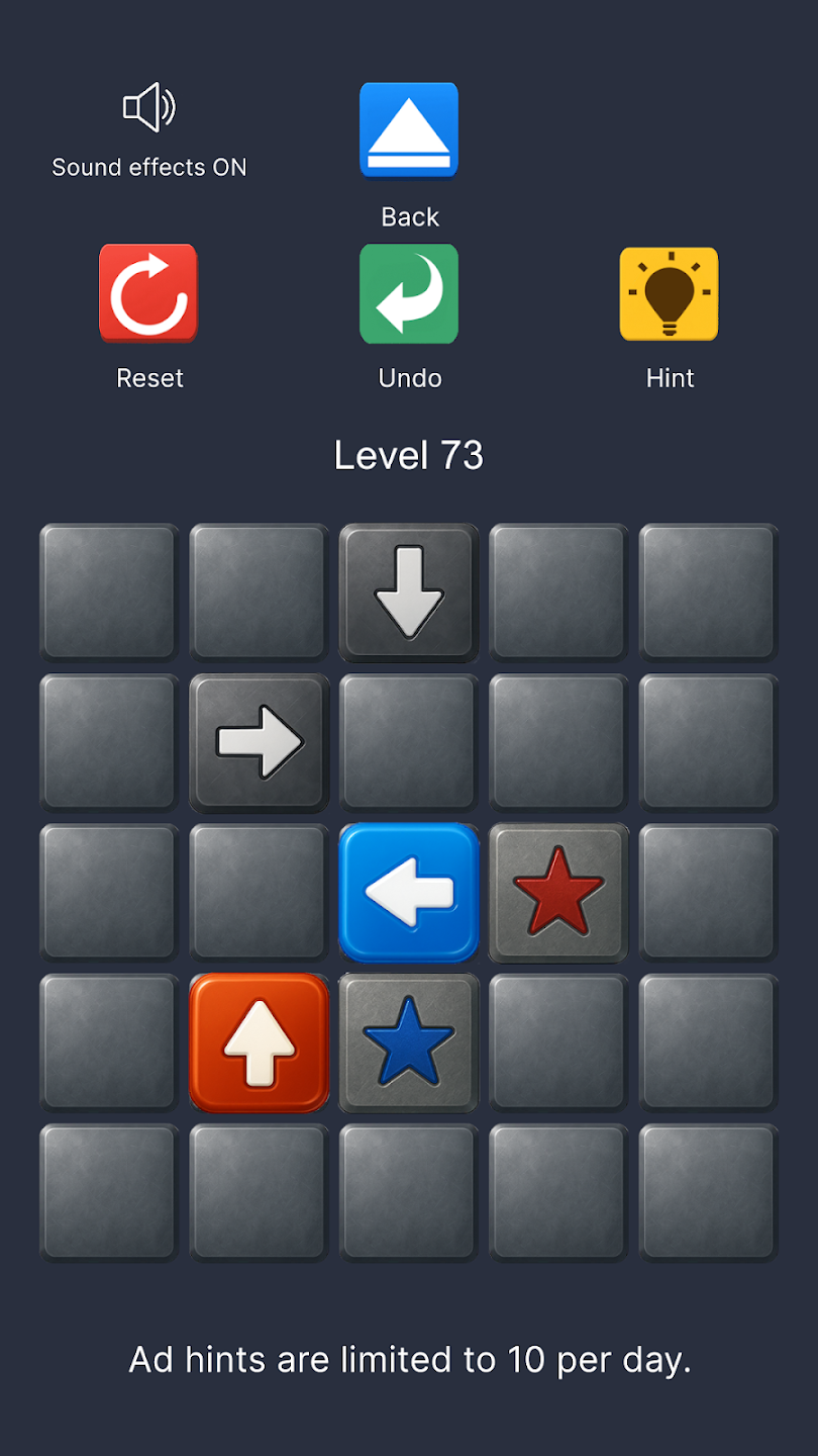 Push! Push Puzzle gameplay screen with a colorful arrow grid